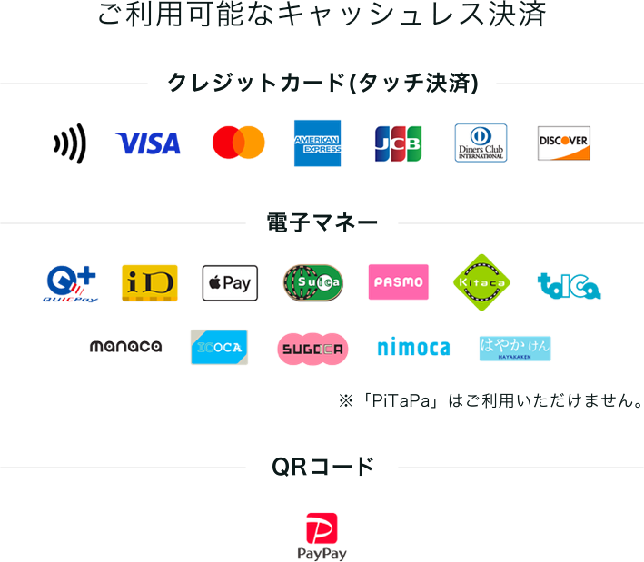 ご利用可能なキャッシュレス決済一覧：クレジットカード(タッチ決済)はVISA、Mastercard、アメリカン・エキスプレス、JCB、ダイナースクラブ、DISCOVER。電子マネーはクイックペイ、ID、アップルペイ、スイカ、PASMO、きたか、といか、まなか、いこか、すごか、にもか、はやかけん。QRコードはぺいぺい。以上がご利用できます。